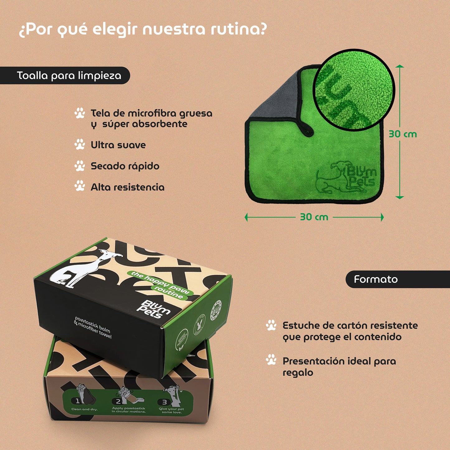 La Rutina de Patas - Kit Bálsamo Protector de Almohadillas para Perros en Barra, Toalla Microfibra y Estuche Regalo.